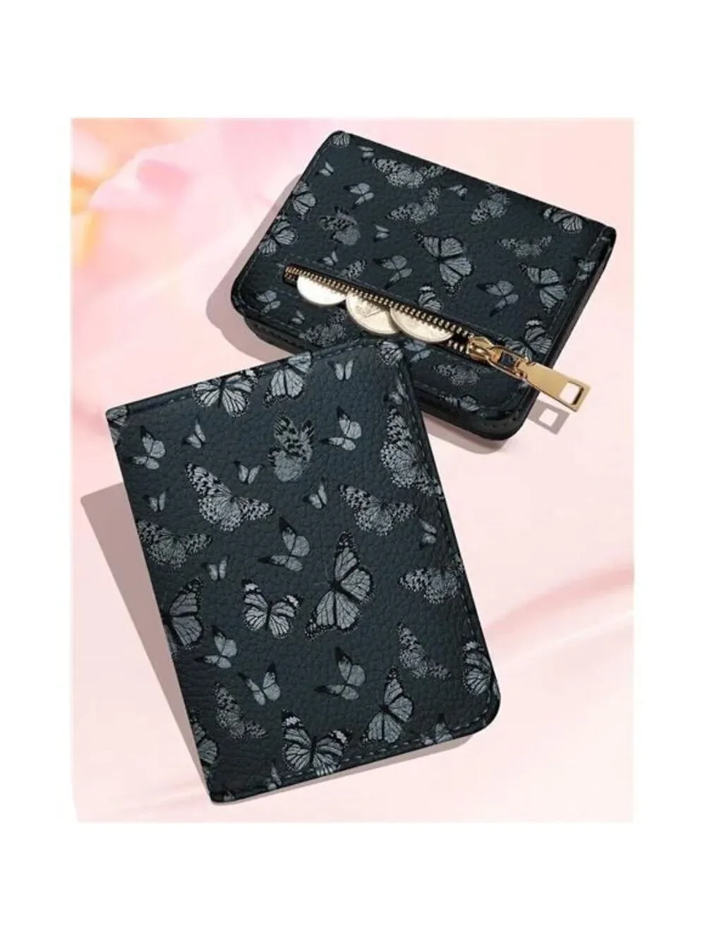 RFID Leather Card Holder Wallet for Women Small Zipper ID Coin Purse Butterfly